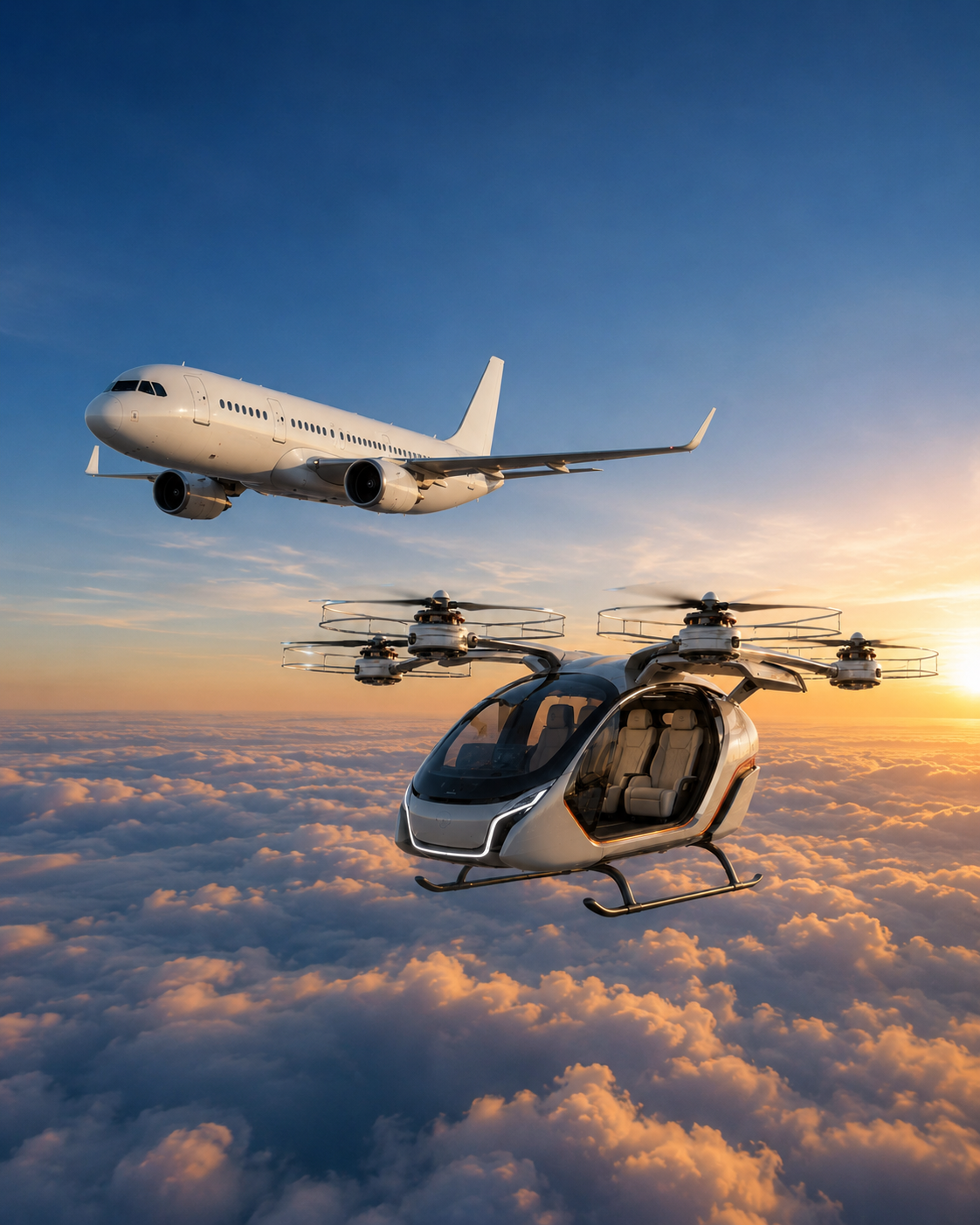 A traditional passenger aircraft flying alongside a futuristic eVTOL air taxi above the clouds