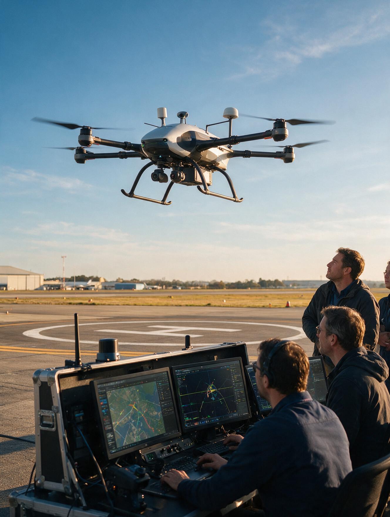 Ground control team monitoring an autonomous drone with AI-assisted mapping displays