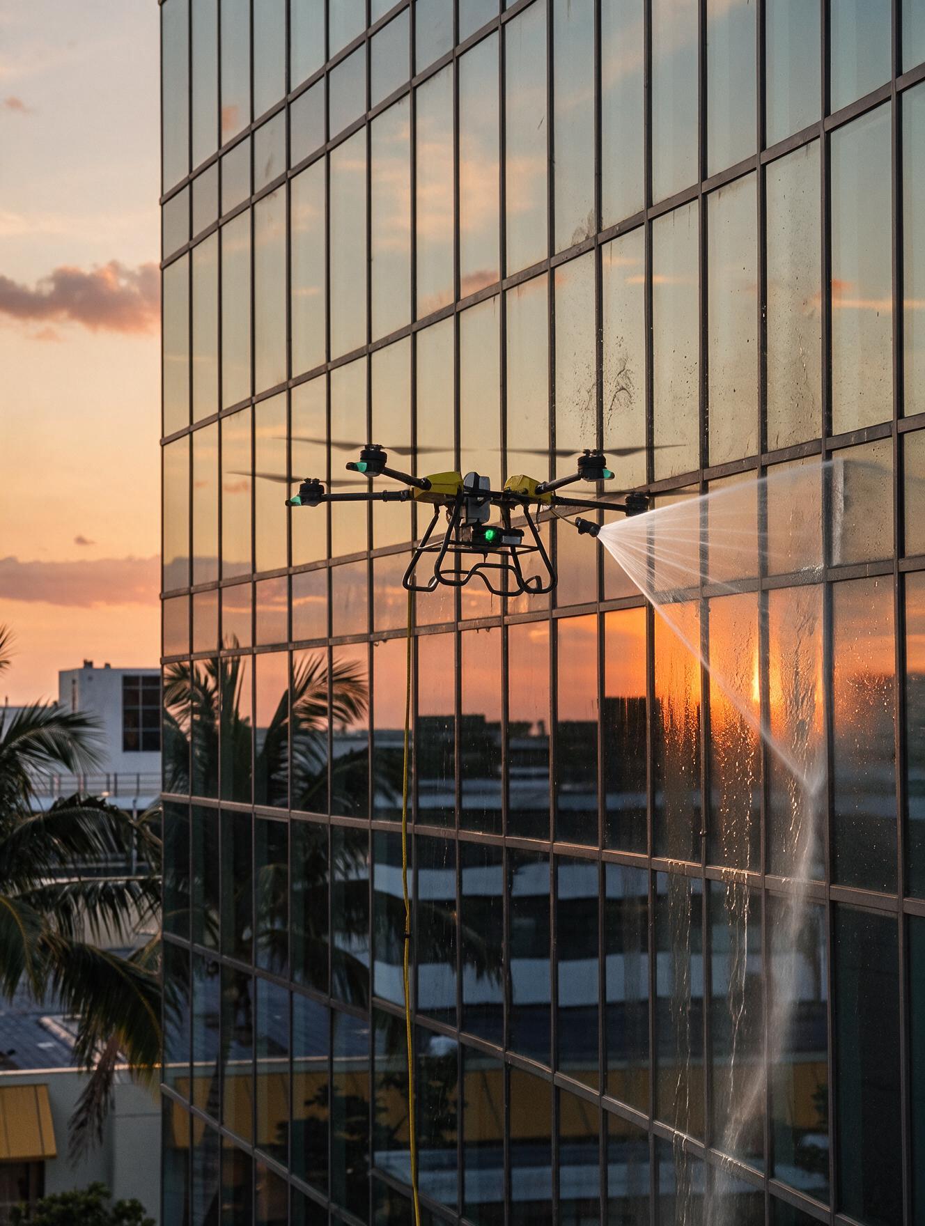 Drone performing facade cleaning on a glass office tower at sunset