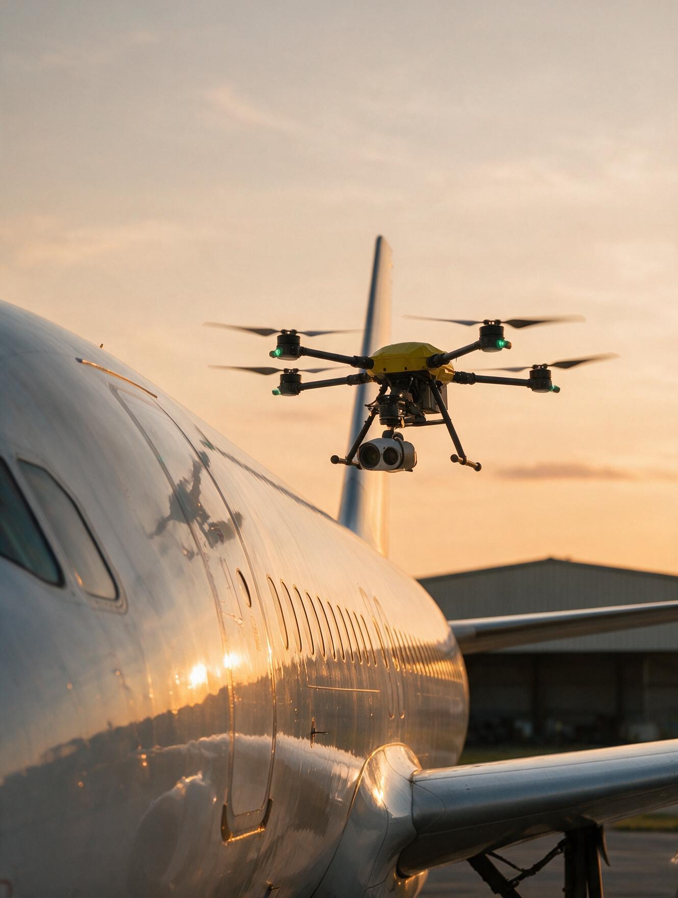 Inspection drone flying near the nose of an aircraft at sunset