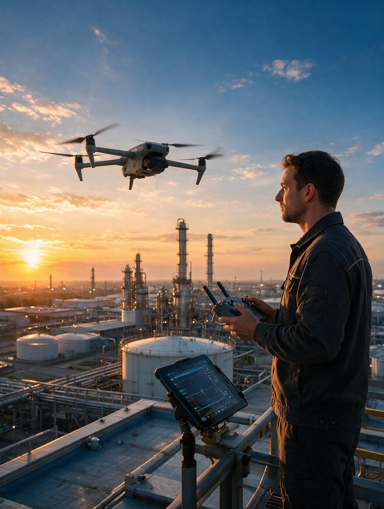 UAS operator flying an inspection drone at an industrial facility