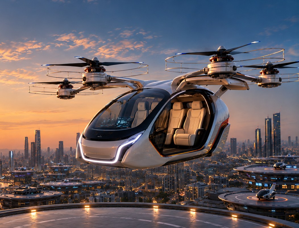 Futuristic eVTOL air taxi in flight over a city skyline at sunset